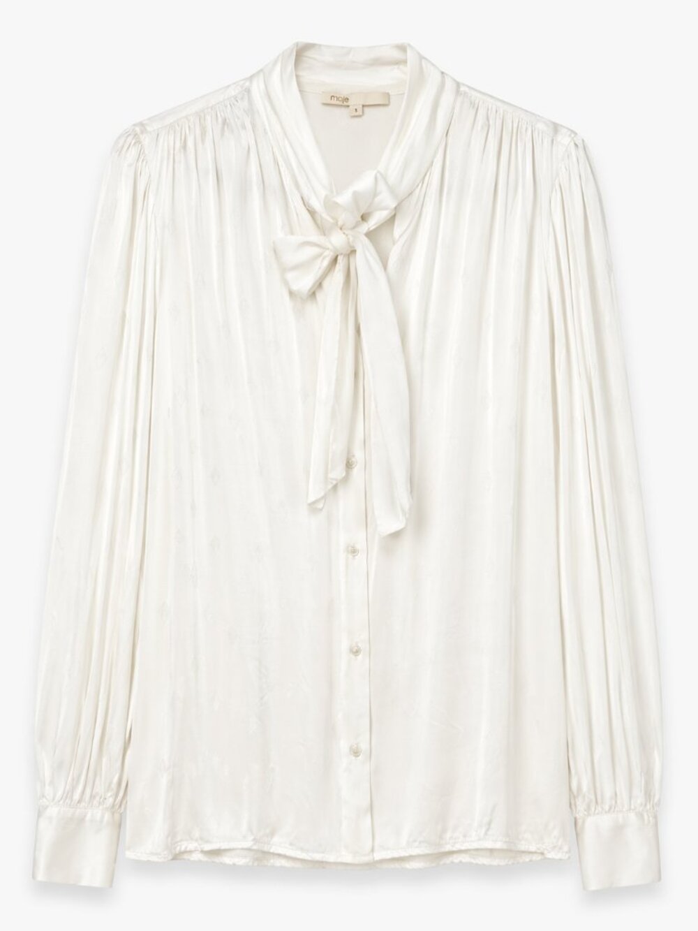 Maje Paris Cream Silk Tie Neck Blouse Pleated Long Sleeve